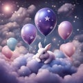 Cute tiny bunny on balloons above clouds purple