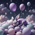 Cute tiny bunny on balloons above clouds purple background