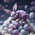 Cute tiny gray bunny on balloons above clouds purple bg