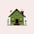 Cute tiny house. Cartoon cottage with chimney, traditional rural forest building with small facade and garden. Vector Royalty Free Stock Photo