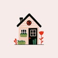 Cute tiny house. Cartoon one storey cottage with chimney and garden, traditional rural building with trees. Vector Royalty Free Stock Photo