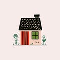 Cute tiny house drawing. Cartoon cottage building with chimney, traditional childish fairy home with trees. Vector Royalty Free Stock Photo