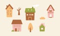 Cute tiny houses. Cartoon small town houses, minimalism city buildings. Autumn landcapes vector illustration set