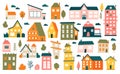 Cute tiny houses. Cartoon small town houses, minimalism city buildings, minimal suburban residential house vector