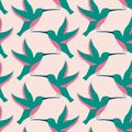 Cute tiny hummingbirds hand drawn vector illustration. Adorable colorful colibri bird in flat style seamless pattern for fabric.