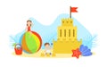 Cute Tiny Kids Making Sand Castle on Sea Beach Vector Illustration Royalty Free Stock Photo