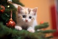 Cute tiny kitten climbing and playing on Christmas tree, Christmas and cat concept background. Generative AI Royalty Free Stock Photo