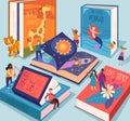 Cute tiny people reading different giant books and textbooks. Concept of book world, readers at library, literature Royalty Free Stock Photo