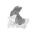 Cute tiny rabbit. Sweet bunny, little hare with flowers. Hand drawn pencil illustration for kids and babies fashion Royalty Free Stock Photo