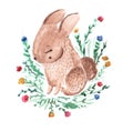 Cute tiny rabbit. Sweet bunny, little hare with flowers. Watercolor illustration for kids and babies fashion