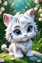 A cute tiny white tiger wearing a necklace, chibi, adorable, fluffy, cartoon, fantasy art, digital painting, animal