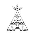 Cute tipi illustration on white with feathers and indian ornaments. Vector wigwam boho style