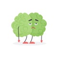 Cute tired sad green human brain character with fatigue, stress and migraines