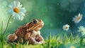 Cute toad sitting on grass, looking at daisy Royalty Free Stock Photo