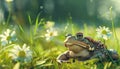 Cute toad sitting on grass, looking at daisy Royalty Free Stock Photo