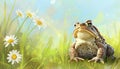 Cute toad sitting on grass, looking at daisy Royalty Free Stock Photo