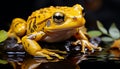 Cute toad sitting on leaf, looking at reflection in pond generated by AI Royalty Free Stock Photo
