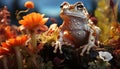 Cute toad sitting on leaf, surrounded by flowers generated by AI Royalty Free Stock Photo