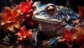 A cute toad sitting on a wet leaf, looking cheerful generated by AI