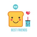 Cute toast bread Funny Cartoon character and drink Perfect breakfast