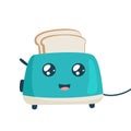Cute toaster and toasts. Kawaii breakfast. Funny character of toaster with bread on isolated background