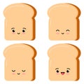 Cute toasts bread kawaii cartoon styly set isolated on white background.