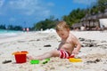 Cute baby boy playing with beach toys on tropical beach Royalty Free Stock Photo