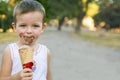 Cute Toddler boy Eating Ice-Cream. kid with dirty face eating ice cream Royalty Free Stock Photo