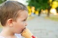 Cute Toddler boy eating ice-cream. Kid with dirty face eating ice cream. Happy kid boy eating ice cream Royalty Free Stock Photo