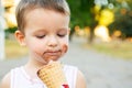 Cute Toddler boy eating ice-cream. Kid with dirty face eating ice cream. Happy kid boy eating ice cream Royalty Free Stock Photo