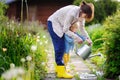 Cute toddler boy and his young mother watering plants in the garden Royalty Free Stock Photo