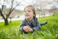 Cute toddler boy playing in blooming cherry tree garden on beautiful spring day. Adorable baby having fun outdoors Royalty Free Stock Photo