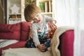 Cute toddler boy playing with toy cars. Small child having fun with toys. Kid spending time in a cozy living room at home Royalty Free Stock Photo