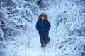 Cute toddler boy playing in winter park in snow outdoors. Little child boy walking in winter field. Kids in winter Royalty Free Stock Photo