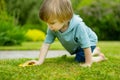 Cute toddler boy playing with yellow toy car outdoors. Kid exploring nature. Small child having fun with toys Royalty Free Stock Photo