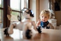 A cute toddler boy standing indoors at home, playing with robotic dog. Royalty Free Stock Photo