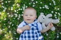 Cute toddler boy with teddy bear, sitting on the grass, daisies Royalty Free Stock Photo