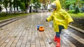 Cute toddler boy in yellow raincoat running with toy truck in rainy autumn park Royalty Free Stock Photo