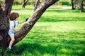 Cute toddler child boy with long hair in stylish outfit playing with toy car on the walk in summer Royalty Free Stock Photo