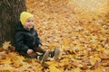 Cute toddler child boy sitting near huge maple tree in autumn park. Fall nature banner with copy space