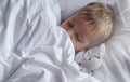 Cute toddler child boy sleeping in bed with toy bunny, wrapped in a blanket, hiding from the morning sunlight. Lifestyle photo