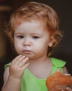 Cute toddler child eating sandwich, self feeding concept. Royalty Free Stock Photo