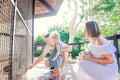 Cute toddler child girl and her parents feeding rabbits sitting in cage at the zoo or animal farm. Outdoor fun for kids. Family re Royalty Free Stock Photo