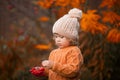 Adorable toddler girl portrait on beautiful autumn day.