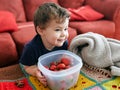 young boy is eating strawberries while watching TV Royalty Free Stock Photo