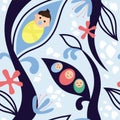 Cute toddler wrapped in diaper surrounded by colorful abstract branches vector flat illustration