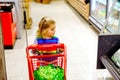 Cute todler girl pushing shopping cart in supermarket. Little child buying fruits. Kid grocery shopping. Adorable baby Royalty Free Stock Photo