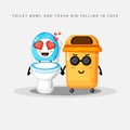 Cute toilet bowl and trash bin falling in love