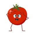 Cute tomato character with emotions in a panic grabs his head