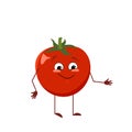 Cute tomato character with joy emotions, smiling face, happy eyes, arms and legs. A mischievous red vegetable hero with